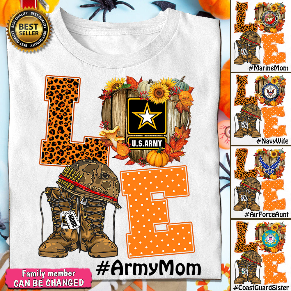 Personalized Shirt Love Wooden Heart Military Combat Boots Dog Tags Autumn Army Marine Air Force Navy Coast Guard Mom Wife Sister Family Member Shirt H2511