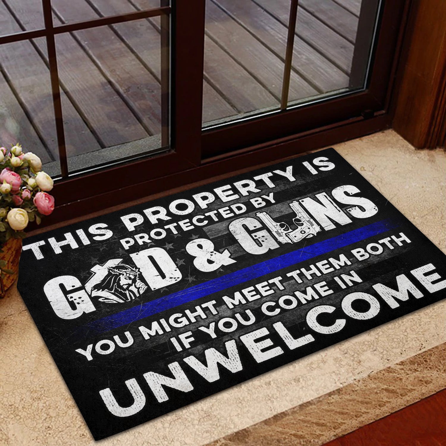 Doormat This Preoperty Is Protected By God And Guns Thin Blue Line Flag H2511