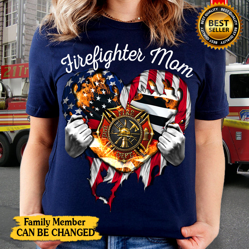 Personalized Shirt Firefighter Mom Ripped American Flag With Thin Red Line Flag Shirt For Firefighter Family Member H2511